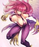  1girl animal_feet animal_hands bare_shoulders bouncing_breasts breasts claws cleavage colored_skin duel_monster feathered_wings gradient_skin green_eyes harpie_lady harpie_lady_1 harpy highres large_breasts monster_girl pantyhose parted_lips purple_skin red_hair shouma_(bravespiritya) slingshot_swimsuit solo standing standing_on_one_leg swimsuit winged_arms wings yu-gi-oh! 