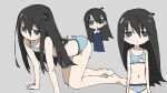  1girl all_fours bikini black_hair blue_bikini blue_eyes blush closed_mouth cowboy_shot grey_background hair_between_eyes highres jitome long_hair looking_at_viewer multiple_views mushroom_on_head shimeji_simulation simple_background standing straight-on swimsuit tsukishima_shijima tsukumizu_yuu 