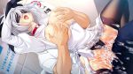  blindfold breasts cum cum_in_pussy cum_on_body cum_on_lower_body food huge_breasts long_hair mizoro_tadashi shinyuu_ga_kizukanu_uchi_ni_kanojo_o_netoru_boku waffle white_hair 