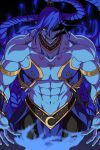  1boy abs arabic_text arms_at_sides blue_skin braid bucchigiri?! colored_skin evil_smile eye_trail genie highres ichiya_(bucchigiri?!) large_pectorals light_trail looking_at_viewer male_focus mouth_trail muscular muscular_male navel oekaki_shitou offering_hand pectorals smile solo stomach text_tattoo twin_braids 