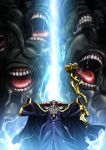  absurdres ainz_ooal_gown black_dress cthulhu_mythos dress highres holding hooded key_visual long_dress male_focus monster official_art outstretched_arms overlord_(maruyama) skull solo standing 