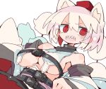  1girl animal_ears bare_shoulders blush breasts detached_sleeves hat inubashiri_momiji japanese_clothes large_breasts long_hair massakasama open_mouth pom_pom_(clothes) red_eyes red_hat red_skirt sharp_teeth short_hair skirt solo teeth tokin_hat touhou upper_body white_hair white_sleeves wide_sleeves wolf_ears 
