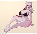  2018 4_toes anthro arctic_fox bedroom_eyes big_breasts biped black_nose bra breasts canine clothed clothing digital_drawing_(artwork) digital_media_(artwork) ear_piercing emilia_zephr female fox fur hair half-closed_eyes mammal navel piercing red_eyes scratches seductive simple_background skimpy smile solo teeth toes underwear vigdis white_fur white_hair 