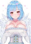  angel_wings blue_hair blush breast_hold breasts brown_eyes cleavage closed_mouth collarbone corset elbow_gloves eyebrows_visible_through_hair gloves heart highres huge_breasts looking_at_viewer mememe_(emememem) moira_(nijisanji) mole mole_on_breast mole_under_mouth nijisanji short_hair smile solo upper_body white_gloves wings 