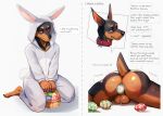 absurd_res anal_juice anthro backsack balls blush blush_lines bodily_fluids bunny_costume butt butt_focus canid canine canis clothing collar costume dialogue dobermann domestic_dog easter easter_egg egg egg_from_ass egg_in_ass egg_insertion english_text genitals hi_res holidays kneeling looking_at_viewer male mammal moan mouth_closed multiple_images offscreen_character oviposition pinscher shaking simple_background smile solo stretched_anus tail tears text trembling wolftea42