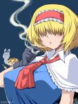  2girls alice_margatroid black_gloves blonde_hair blue_background blue_dress blush breasts capelet cigarette closed_eyes collared_capelet commentary_request cookie_(touhou) dated dress fluffy_fluffy_rabbit-chan gloves hair_between_eyes hair_over_eyes highres holding holding_cigarette ichigo_(cookie) itini-sanshi jigen_(cookie) large_breasts long_bangs multiple_girls necktie open_mouth red_necktie short_hair simple_background smoke smoking solo_focus touhou upper_body white_capelet 