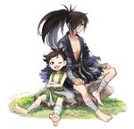  1boy 1girl bandaged_arm bandaged_leg bandages bare_pectorals barefoot black_hair closed_mouth dated dororo_(character) dororo_(tezuka) eyelashes fon-due_(fonfon) grass grey_bag hair_over_one_eye hyakkimaru_(dororo) japanese_clothes long_hair one_eye_closed open_mouth pectorals ponytail reverse_trap rock short_hair signature sitting sitting_on_rock teeth upper_teeth_only 