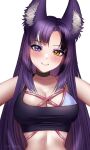  1girl animal_ear_fluff animal_ears awful_queen_(vtuber) bad_source blush breasts choker fox_ears fox_girl heterochromia large_breasts long_hair looking_at_viewer monster_girl purple_hair solo swimsuit tank_top torusava 