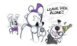  2018 animatronic anthro bear bow_tie digital_media_(artwork) english_text ennard_(fnafsl) five_nights_at_freddy&#039;s five_nights_at_freddy&#039;s_3 fredbear_(fnaf) group humanoid lagomorph machine mammal rabbit robot sister_location speech_bubble spring_bonnie_(fnaf) text toy-bonnie video_games 