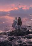  2boys androgynous beach bird black_hair boots brown_cloak chinese_clothes cloak cloud cloudy_sky commentary_request evening full_body gradient_sky grey_hair highres long_hair looking_at_another male_focus multiple_boys ocean original pink_sky ponytail rock scabbard scenery sheath shore sky standing sword toruglose weapon 