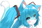  1girl animal_ears blue_eyes blue_hair blush cat_ears cat_girl cat_tail closed_mouth commentary_request dated fang fang_out furrification furry furry_female hair_ornament hatsune_miku highres horokusa_(korai) long_hair looking_at_viewer medium_bangs portrait sidelocks simple_background skin_fang smile solo tail twintails upper_body vocaloid white_background 