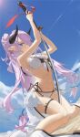  1girl between_thighs bikini blue_eyes breasts butterfly_earrings cleavage draph earrings frilled_bikini frills granblue_fantasy hair_bun hair_over_one_eye highres horns jewelry katana large_breasts narmaya_(granblue_fantasy) narmaya_(summer)_(granblue_fantasy) newnand official_alternate_costume pointy_ears side-tie_bikini_bottom swimsuit sword thigh_strap weapon white_bikini 