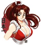  0tacat 1990s_(style) 1girl absurdres artist_name bare_shoulders breasts brown_eyes brown_hair cleavage collarbone fatal_fury hair_ornament high_ponytail highres large_breasts long_hair looking_at_viewer ninja parted_bangs parted_lips ponytail retro_artstyle rope shiny_skin shiranui_mai signature simple_background sleeveless smile solo the_king_of_fighters upper_body 