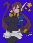  1girl absurdres aile_(mega_man_zx) black_bodysuit blue_background blue_jacket blush bodysuit bodysuit_under_clothes breasts brown_hair buzzlyears can covered_navel covered_nipples cropped_jacket drink drink_can fang glowing green_eyes highres holding holding_drink jacket large_breasts long_hair looking_at_viewer mega_man_(series) mega_man_zx mega_man_zx_advent one_eye_closed open_clothes open_jacket ponytail robot_ears shorts simple_background smile solo white_shorts 