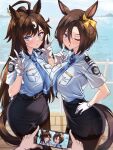  2girls :&lt; air_groove_(umamusume) balcony belt blue_necktie breasts brown_hair cosplay duramente_(umamusume) gloves hand_on_own_hip highres island long_hair looking_at_viewer multiple_girls necktie ocean one_eye_closed open_mouth pantyhose phone police police_uniform policewoman shirokuma_a short_hair taiho_shichauzo thighhighs umamusume uniform v white_gloves 