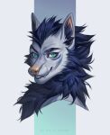 absurd_res anthro artist_name black_hair blue_eyes blue_inner_ear_fluff canid cheek_tuft eyelashes facial_tuft fangs fur glistening glistening_eyes grey_body grey_fur hair hi_res inner_ear_fluff looking_at_viewer male mammal marie_merkh neck_tuft orange_nose simple_background smile solo teeth tuft