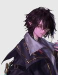  1boy arm_belt bandaged_neck bandages black_hair coat colored_skin dimension_walker_(dungeon_and_fighter) dungeon_and_fighter expressionless from_side geebee_79 hair_over_one_eye hand_up head_tilt highres jacket looking_to_the_side male_focus male_mage_(dungeon_and_fighter) medium_hair messy_hair monocle monocle_chain parted_lips pointy_ears purple_coat purple_jacket purple_skin red_eyes simple_background solo teeth upper_teeth_only 