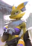absurd_res anthro bandai_namco black_sclera blue_eyes breasts canid canine claws clothing digimon digimon_(species) dipstick_ears dipstick_tail female fur hi_res ladyshalirin looking_at_viewer mammal markings multicolored_ears outside raining renamon signature solo tail tail_markings topwear white_body white_fur yellow_body yellow_fur
