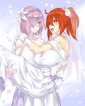  ahoge bare_shoulders breasts bridal_veil bride carrying commentary_request detached_sleeves dress fate/grand_order fate_(series) flower formal fujimaru_ritsuka_(female) gloves hair_over_one_eye highres large_breasts lavender_hair mash_kyrielight mizuumi_(bb) multiple_girls open_mouth orange_eyes orange_hair princess_carry purple_eyes rose short_hair side_ponytail smile strapless strapless_dress veil wedding wedding_dress white_dress white_gloves wife_and_wife yuri 
