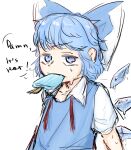  1girl absurdres blue_bow blue_dress blue_eyes blue_hair bow cirno commentary dress english_commentary english_text food food_in_mouth hair_bow highres hot ice ice_wings melting mouth_hold popsicle popsicle_in_mouth short_hair short_sleeves simple_background solo sparkle71059204 sweat touhou upper_body white_background wings 