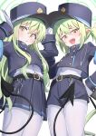  2girls absurdres black_hat black_tail blue_archive blush closed_mouth demon_tail fang green_hair green_halo halo hat highlander_sidelocks_conductor_(blue_archive) highlander_twintails_conductor_(blue_archive) highres long_hair multiple_girls olecafe2 open_mouth peaked_cap pointy_ears sidelocks skin_fang smile tail twintails yellow_eyes 