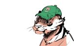  2018 ambiguous_gender anthro bust_portrait cheek_tuft clothed clothing english_text feline hat mammal nobby_(artist) portrait simple_background solo sydney_(nobby) text tiger tuft whiskers white_background 