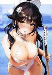  absurdres ass_visible_through_thighs azur_lane black_hair blurry blurry_background blush bow breasts brown_eyes brown_hair cleavage cowboy_shot criss-cross_halter depth_of_field eyebrows_visible_through_hair flower hair_bow hair_flaps hair_flower hair_ornament halterneck highres holding holding_sword holding_weapon huge_filesize katana large_breasts leaning_forward long_hair ogino_atsuki one-piece_swimsuit ponytail scan solo swimsuit sword takao_(azur_lane) weapon white_bow white_flower white_swimsuit 