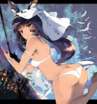  animal_ears ass back bangs bare_shoulders bikini blanket blue_sky bracelet breasts closed_mouth commentary_request covered_nipples dark_skin earrings eyebrows_visible_through_hair facepaint facial_mark fate/grand_order fate_(series) from_side hairband hands_up highres hips hoop_earrings jackal_ears jewelry leg_up letterboxed long_hair looking_at_viewer medjed night night_sky nitocris_(fate/grand_order) nitocris_(swimsuit_assassin)_(fate) outdoors purple_eyes purple_hair sidelocks sky small_breasts smile solo standing standing_on_one_leg star_(sky) starry_sky swimsuit thighs tree venomrobo very_long_hair white_bikini wristband 