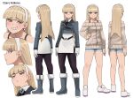  &gt;:( 1girl black_pantyhose blonde_hair blue_shorts blunt_bangs boots brown_jacket character_name claire_volikova closed_mouth collarbone collared_dress cropped_jacket dress earrings frown fur-trimmed_boots fur_trim grey_footwear grey_jacket grin hairband hand_on_own_hip highres jacket jewelry jourd4n kneepits long_hair long_sleeves multiple_views off-shoulder_jacket off_shoulder original pantyhose puffy_long_sleeves puffy_sleeves red_eyes reference_sheet shorts sleeves_past_wrists smile v-shaped_eyebrows very_long_hair white_dress white_hairband 
