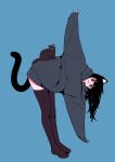  1girl animal animal_ears animal_on_back bent_over black_eyes black_hair black_thighhighs blush_stickers bright_pupils cat cat_ears cat_girl cat_tail drawstring full_body highres hood hood_down leaning_to_the_side megateru open_mouth original oversized_clothes sleeves_past_wrists solo tail thighhighs white_pupils 