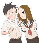  1boy 1girl arms_behind_back black_hair brown_eyes brown_hair clenched_teeth commentary_request highres karakai_jouzu_no_takagi-san long_hair looking_at_another nishikata school_uniform serafuku shirt short_hair simple_background smile takagi-san teeth white_background white_shirt yamamoto_souichirou 