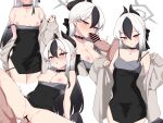  1boy 1girl black_choker black_dress black_hair black_horns blue_archive blush breasts breasts_out choker clothes_pull demon_horns dress erection fellatio grey_halo grey_jacket hair_between_eyes halo hetero highres horns jacket kayoko_(blue_archive) kayoko_(dress)_(blue_archive) kumasteam licking licking_penis long_hair long_sleeves looking_at_viewer multicolored_hair multiple_views nipples no_panties off_shoulder official_alternate_costume open_clothes open_mouth oral panties panty_pull penis penis_grab pulled_by_self pussy red_eyes sex simple_background small_breasts solo_focus sweat tongue tongue_out underwear undressing vaginal white_background white_hair 