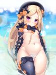  2drr :/ abigail_williams_(fate/grand_order) arm_support bangs bare_arms black_bow black_hat black_legwear blonde_hair blush bow breasts closed_mouth eyebrows_visible_through_hair fate/grand_order fate_(series) forehead groin hat head_tilt lens_flare long_hair looking_at_viewer navel no_panties orange_bow parted_bangs polka_dot polka_dot_bow purple_eyes reclining seiza shiny shiny_hair sidelocks single_thighhigh sitting small_breasts solo sparkle stomach straight_hair thighhighs very_long_hair water 