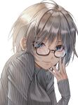  1girl absurdres anastasia_(idolmaster) bespectacled black-framed_eyewear blue_eyes blush daiko_(dai1974910) glasses grey_hair grey_shirt highres idolmaster idolmaster_cinderella_girls light_smile long_sleeves looking_at_viewer ribbed_shirt shirt short_hair simple_background solo upper_body white_background 