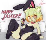 2024 4_fingers animal_humanoid anthro arm_support bare_shoulders bed bed_sheet bedding belly black_clothing black_legwear black_leotard bow_tie breasts cat_nose chibi clothed clothing collarbone colored cuff_(restraint) cute_expression cute_eyes dark_pupils digital_media_(artwork) easter easter_2024 easter_egg egg eye_through_hair eyebrow_through_hair eyebrows eyelashes eyelashes_through_hair fake_ears fake_rabbit_ears feet felid felid_humanoid feline feline_humanoid female fingers fishnet_clothing fishnet_legwear fur furniture green_body green_fur green_hair hair happy_easter holding_easter_egg holding_egg holding_object holidays humanoid leaf leaf_hair leaf_tail legwear leotard looking_at_viewer mammal mammal_humanoid medium_breasts medium_hair multicolored_body multicolored_fur nipples on_bed orange_eyes orange_hair parura_lew_(artist) phina_(parura_lew) pillow plant plant_hair playboy_bunny pseudo_hair restraints shaded shirt_collar shirt_cuffs short_hair short_stack signature simple_background sitting slightly_chubby slightly_chubby_anthro slightly_chubby_female smile smiling_at_viewer soles solo spread_legs spreading strapless_clothing strapless_leotard tail text thigh_highs tight_clothing tight_legwear toes translucent translucent_hair two_tone_body two_tone_fur wrist_cuffs