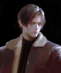  1boy black_background black_hair black_shirt brown_hair brown_jacket closed_eyes closed_mouth coat collared_jacket commentary english_commentary faux_traditional_media highres jacket leather leather_jacket leon_s._kennedy lips male_focus nose open_clothes open_jacket original parted_bangs realistic resident_evil shirt short_hair simple_background solo turtleneck upper_body yuming_li 