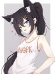  1girl absurdres animal_ear_fluff animal_ears black_hair blue_eyes cat_ears collarbone extra_ears hair_ornament hairclip heart highres long_hair looking_at_viewer open_mouth original ponytail shirt simple_background solo t-shirt trimbil white_shirt 
