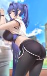  1girl alternate_costume azur_lane black_pantyhose black_shorts blue_eyes blue_hair blue_nails blue_sky blurry blurry_background breasts closed_mouth commentary_request fouriasensei from_side hair_intakes hair_ornament highres large_breasts long_hair looking_at_viewer looking_to_the_side nail_polish new_jersey_(azur_lane) outdoors pantyhose ponytail short_shorts short_sleeves shorts sky smile solo sweat thighs towel 
