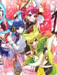  3girls animal_ears arm_up bare_shoulders bike_shorts blue_eyes blue_hair breasts bridal_gauntlets cat_ears crop_top crossed_arms detached_sleeves duel_monster fox_ears fox_girl fox_tail green_eyes green_hair ha-re_the_sword_mikanko hair_between_eyes hand_fan highres holding holding_baton holding_fan hu-li_the_jewel_mikanko kneeling long_hair long_sleeves medium_breasts midriff multicolored_hair multiple_girls navel ni-ni_the_mirror_mikanko noppe red_eyes red_hair short_hair short_hair_with_long_locks skirt smile streaked_hair tail twintails wide_sleeves yu-gi-oh! 