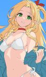 1girl bikini blonde_hair blue_robe braid bright_pupils choker dungeon_meshi elf green_eyes hair_ribbon hair_rings highres long_hair looking_at_viewer marcille_donato navel open_clothes open_robe parted_lips pointy_ears red_choker red_ribbon ribbon robe serpent_(pepepp39) side-tie_bikini_bottom solo swimsuit upper_body white_bikini white_pupils 