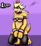  2018 4_fingers alternate_species anthro bdsm blue_eyes blush bondage bound breasts clothing collar crown curved_horn fangs female green_scales hair kneeling koopa leggings legwear mario_bros nintendo princess_koopa princess_peach scales scalie simple_background solo spiked_collar spikes thony_dog tongue tongue_out video_games 