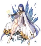  1girl ark_order black_footwear blue_hair blush bracelet breasts butterfly_hair_ornament cape cleavage_cutout closed_mouth clothing_cutout detached_sleeves dress full_body gold_trim hair_ornament hair_tubes ice jewelry kamon_(shinshin) large_breasts leg_tattoo long_hair long_sleeves looking_at_viewer magic nuwa_(ark_order) official_art shoes sidelocks sitting smile solo tachi-e tassel tattoo toe_cleavage transparent_background very_long_hair white_cape white_dress yellow_eyes 