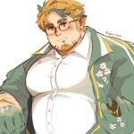  1boy bara blonde_hair brown_eyes closed_mouth collared_shirt commentary facial_hair flower forked_eyebrows glasses gloves goatee green_gloves green_hair hair_flower hair_ornament highres hippolytus_(housamo) jacket large_pectorals legless_lemonade male_focus multicolored_hair muscular muscular_male open_clothes open_jacket pectorals shirt short_hair sideburns simple_background solo thick_eyebrows tokyo_afterschool_summoners twitter_username two-tone_hair upper_body white_background white_shirt 