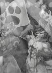 2017 abs anthro athletic athletic_anthro athletic_male cheek_tuft collar duo_focus facial_tuft felid feline flag geppei5959 greyscale group holding_flag holding_object kemono male mammal monochrome nude paws standing tuft