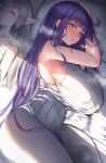  anima_(togashi) armpits arms_up bare_shoulders bed breasts breath covered_nipples dress fern_(sousou_no_frieren) frieren hair_half_over_shoulder highres large_breasts light_blush long_hair looking_at_viewer messy_hair nightgown on_bed pointy_ears purple_eyes purple_hair sousou_no_frieren sweat white_dress white_hair white_nightgown 