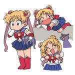  bishoujo_senshi_sailor_moon blonde_hair blue_eyes blue_skirt blush boots bow cat closed_eyes luna_(sailor_moon) magical_girl open_mouth red_bow red_footwear sailor_moon simple_background skirt tsubobot tsukino_usagi variations white_background 