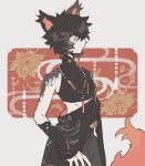  1boy aak_(arknights) arknights bead_necklace beads black_hair black_shirt cat_boy closed_mouth crop_top flower_request from_side furry furry_male hair_over_one_eye jewelry male_focus necklace shirt short_hair sirakaro slit_pupils smoke solo tassel yellow_eyes 