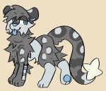 2024 blep countershading eyelids fakemon felid feral fur generation_4_pokemon grey_body grey_fur hi_res jackrabbit_(artist) leopard_spots looking_at_viewer luxray male mammal nintendo pantherine pawpads paws pokemon pokemon_(species) simple_background simplified_pawpads smile smirk snow_leopard solo spots teeth tongue tongue_out yellow_background