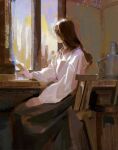  1girl art_study brown_hair brown_skirt chair collared_shirt desk faux_traditional_media from_side indoors long_hair long_sleeves loose_clothes loose_shirt on_chair original profile realistic shirt sitting skirt solo sunlight table turning_head white_shirt window yuming_li 