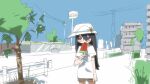  1girl 7-eleven absurdres black_hair blue_eyes blue_sky blush_stickers brown_shorts clear_sky cowboy_shot day eating food hair_between_eyes highres holding holding_food holding_popsicle jitome long_hair outdoors popsicle power_lines shimeji_simulation shirt short_sleeves shorts sky solo standing t-shirt tsukishima_shijima tsukumizu_yuu watermelon_bar white_hat white_shirt 